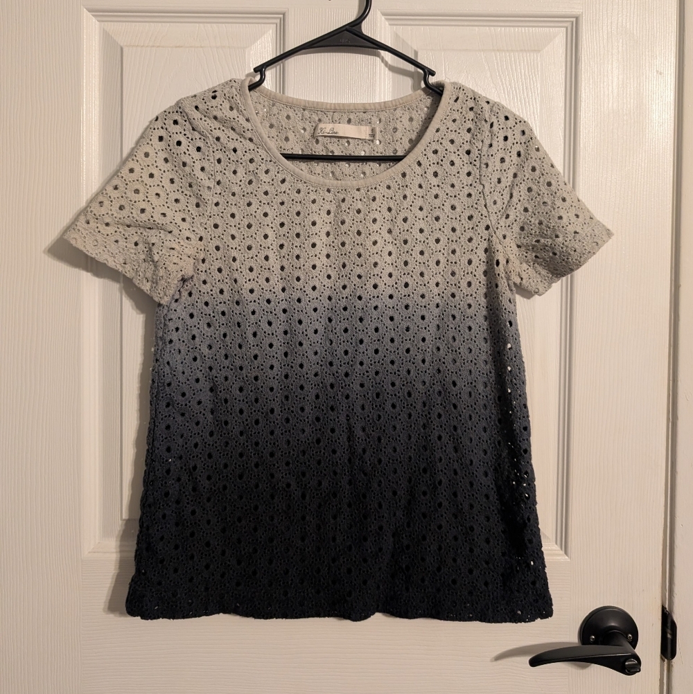 Madewell Hi line Blue Ombre Eyelet Crochet Lace Tee Top Blouse Small